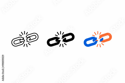 Broken chain link icons in black, blue, and orange variants