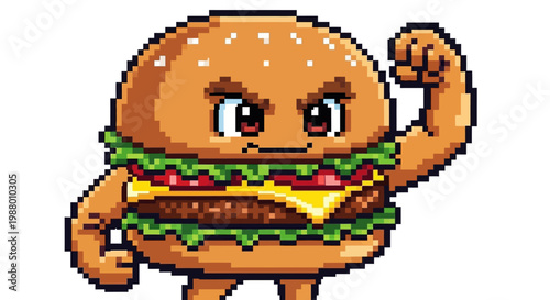 Pixel Art Muscular Burger Character Flexing Bicep.