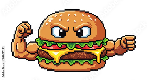 Pixel Art Muscular Burger Character Flexing Biceps.