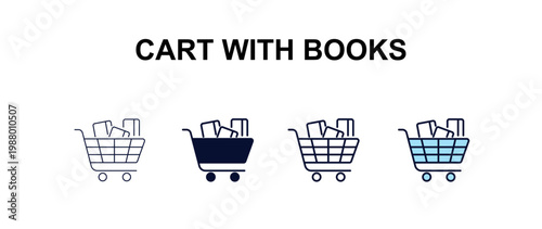 cart with books multi-style outline icon set - education concept. Thin line, regular, filled, colored cart with books icon