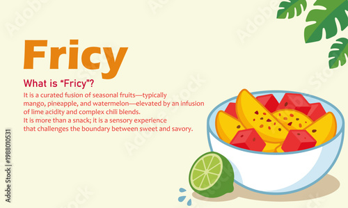 Fricy - A new trending food globally - Mis of juicy tropical fruits like mango, pineapple, watermelon tossed with seasonal spices like chili flakes, fresh jalapeños and spicy sour condiments with lime