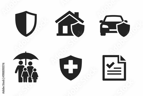 Insurance icons set: home, car, health, family protection and document symbols