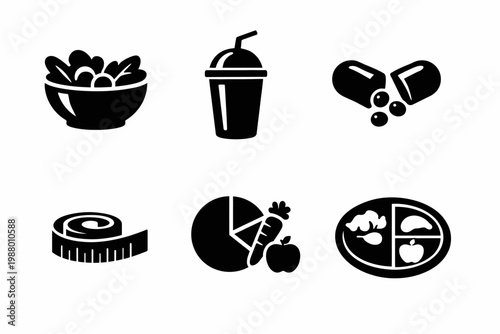 Healthy eating icons: salad, smoothie, supplement, measuring tape, nutrition chart, portion plate