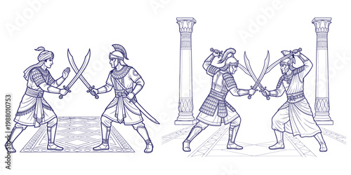 Ancient warriors dueling with swords, historical combat scene.