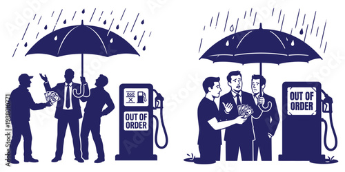 Business people under umbrella with money at out of order gas pump station during rain storm financial crisis concept.