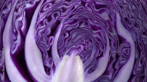 Close view of cut purple cabbage revealing inner layers