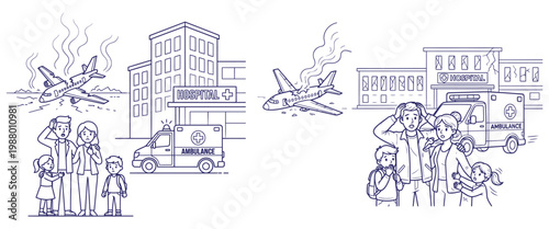 Family standing near hospital and ambulance after airplane crash emergency scene line art illustration of tragic event.