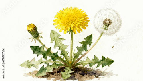 Yellow Flower to Seed Herbal Dandelion Life Cycle isolated watercolor vector illustration svg