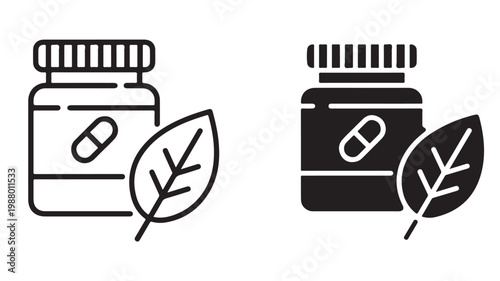 Supplement Bottle Icon with Leaf for Vitamins, Herbal Nutrition and Natural Wellness Product Design