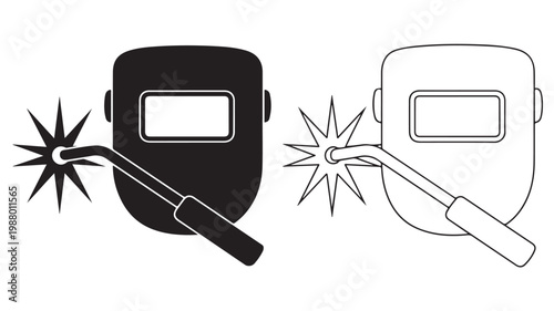 Welding Mask and Torch Line Art with Sparks for Industrial Safety, Fabrication and Manufacturing Design