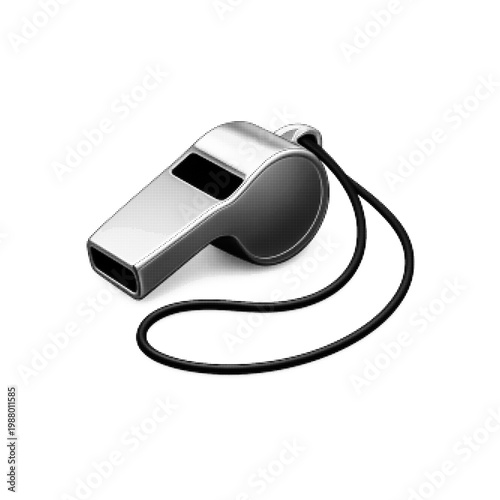 Metal whistle with cord isolated on white background, monochrome illustration of referee or coach equipment, signaling, control and alert concept.