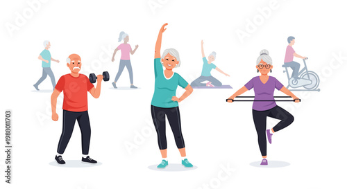 Fitness icons, senior citizens exercising, workout illustrations, healthy aging, exercise routine