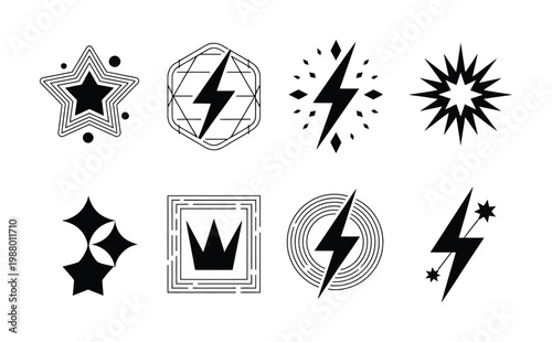 Collection of Black and White Stars, Lightning Bolts, and Crown
