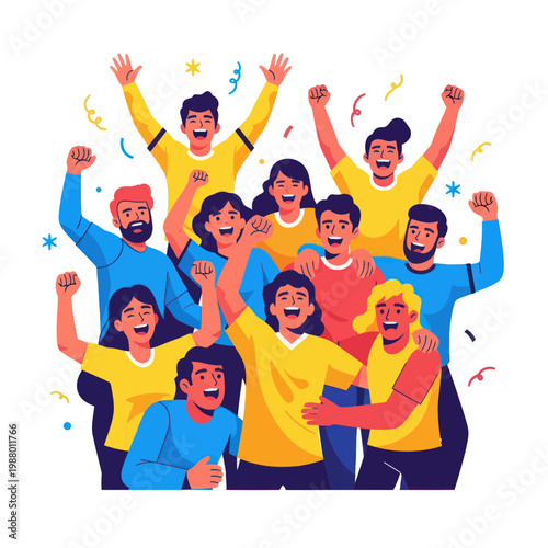 Excited Crowd Celebrating Victory with Confetti and Arms Raised