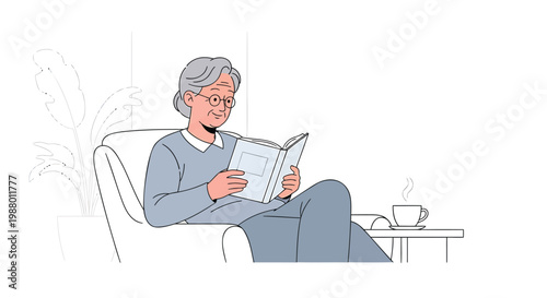 Relaxed senior woman reading book, sitting on sofa with coffee, vector illustration