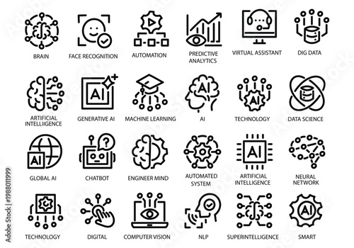 Artificial intelligence line icon set. Process automation, data recognition and analysis. AI, machine learning, generative AI, virtual assistant, robotic, brain, chatbot - stock vector.