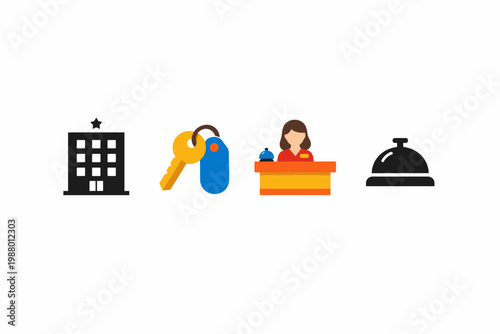 Hotel icons: building, key, female receptionist, bell for hospitality services