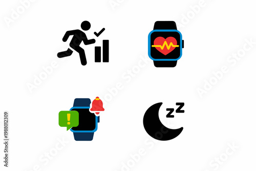 Fitness and health icons featuring smartwatch and wellness symbols