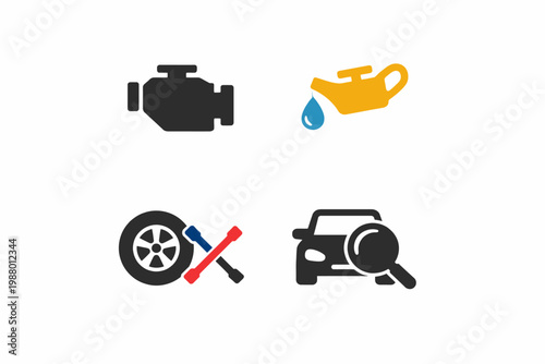 Car maintenance icons: engine, oil, tire tool, vehicle inspection symbols