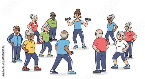 Elderly people exercising, senior citizens fitness, workout icons, healthy aging, exercise illustrations