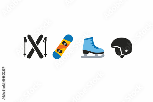 Winter sports equipment icons featuring skis, snowboard, ice skate, and helmet