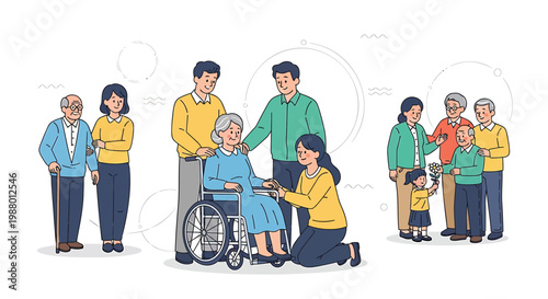 Diverse family, elderly care, support group, people icons, vector illustrations