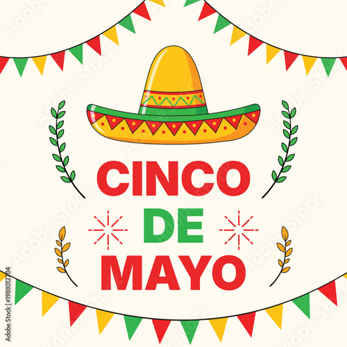 Festive cinco de mayo celebration greeting card with traditional sombrero colorful flags and floral decorative elements