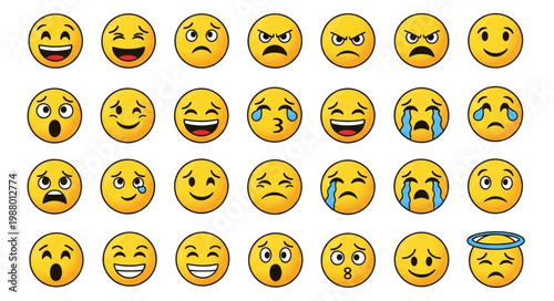 Collection of Diverse Emoji Faces Expressing Various Emotions.