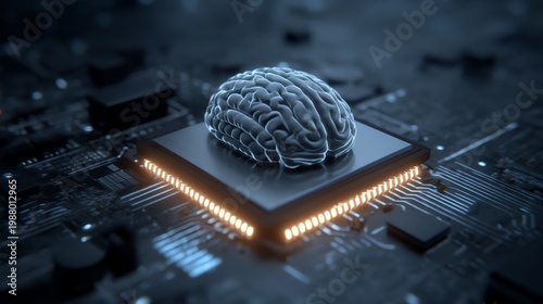 A detailed and artistic representation of a human brain placed on a microchip, symbolizing the intersection of neuroscience and technology in the modern digital era.
