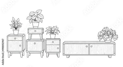 A minimalist line drawing depicts a wooden console table nightstands and potted houseplants