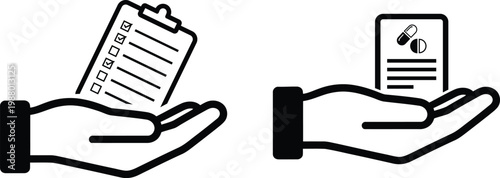 Hand holding medical clipboard and prescription document vector icon set. Healthcare administration and patient care icon collection. Medical checklist for healthcare services, patient reports.