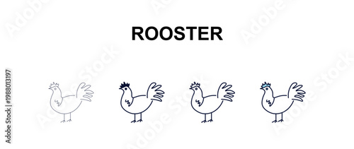 rooster multi-style outline icon set - farming and gardening concept. Thin line, regular, filled, colored rooster icon