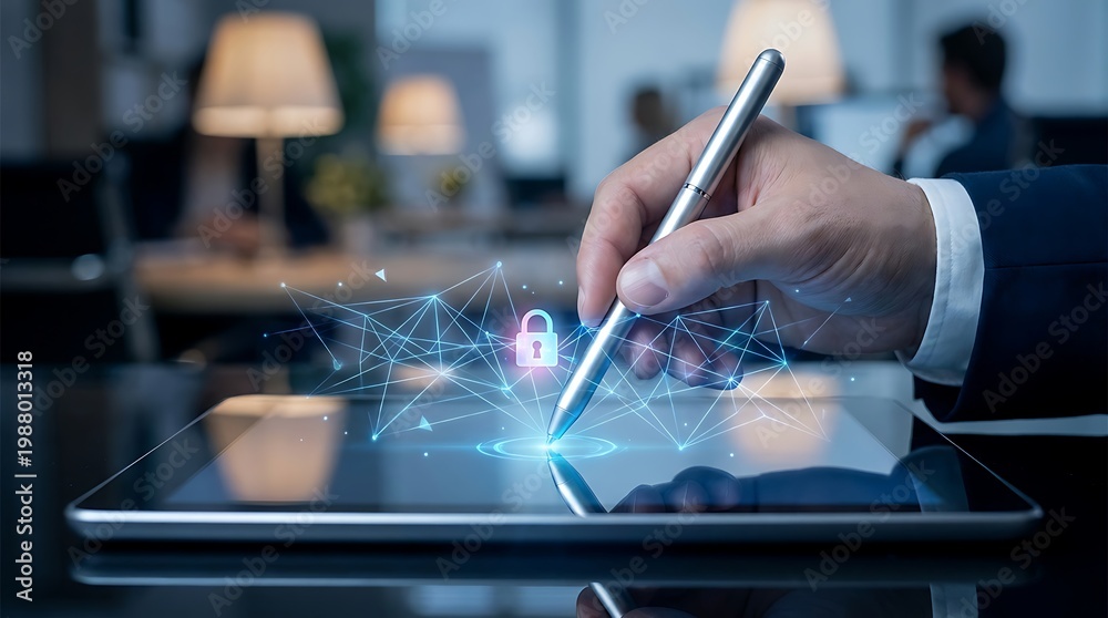 Fototapeta premium Person using stylus on tablet with digital lock and glowing particles security technology interface computer business