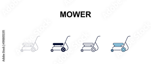 mower multi-style outline icon set - farming and gardening concept. Thin line, regular, filled, colored mower icon