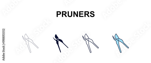 pruners multi-style outline icon set - farming and gardening concept. Thin line, regular, filled, colored pruners icon