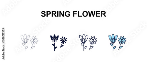 spring flower multi-style outline icon set - farming and gardening concept. Thin line, regular, filled, colored spring flower icon