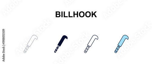 billhook multi-style outline icon set - farming and gardening concept. Thin line, regular, filled, colored billhook icon