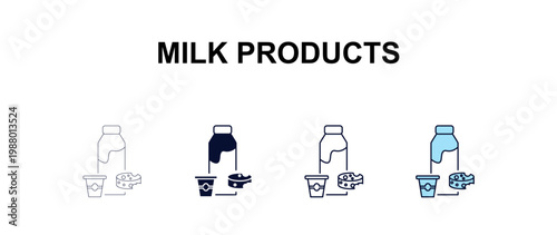 milk products multi-style outline icon set - farming and gardening concept. Thin line, regular, filled, colored milk products icon