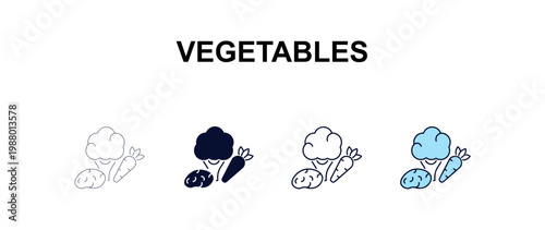 vegetables multi-style outline icon set - farming and gardening concept. Thin line, regular, filled, colored vegetables icon