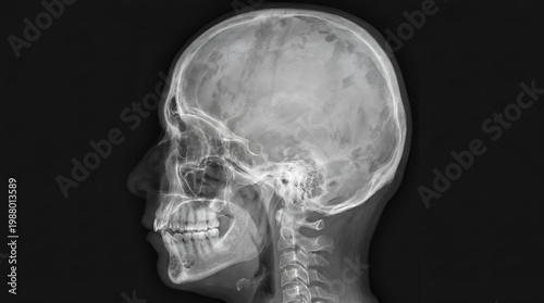 Lateral view X-ray of human skull with bone cancer lesions showing abnormal bone texture and density loss