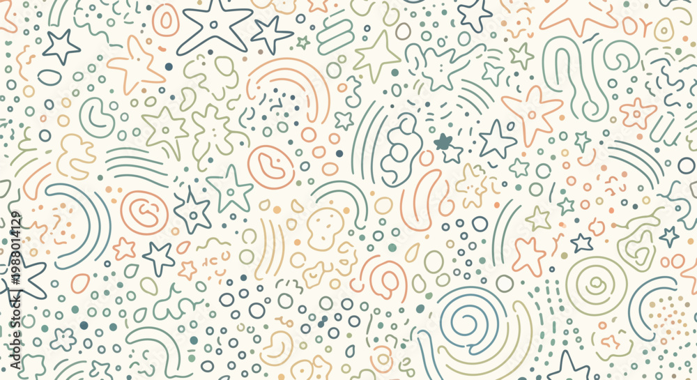 Fototapeta premium Whimsical Doodle Pattern with Stars, Swirls, and Abstract Shapes on Cream Background