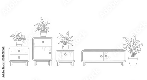 Minimalist line drawing showcases a collection of wooden furniture with potted plants