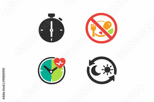 Intermittent fasting icons: stopwatch, no food symbol, heart rate clock, day night cycle