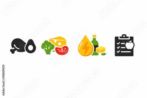 Keto diet icons: protein, vegetables, cheese, healthy fats, nutrition checklist