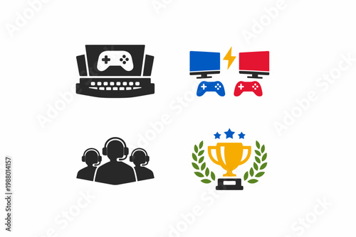Esports gaming icons: consoles, controllers, players, trophies