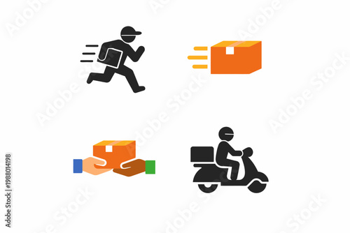 Delivery icons: fast courier, package exchange, rapid shipping, motorcycle transport