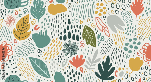 Abstract Botanical Pattern: Hand-Drawn Leaves, Flowers, and Doodles on Creamy Background