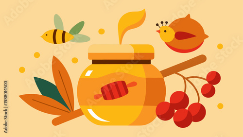 Colorful watercolor illustration of honey bee and fruits in a jar