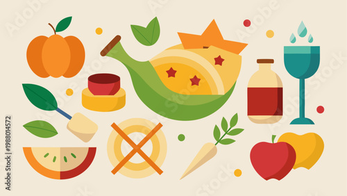 Colorful assortment of fresh fruits and juice drinks