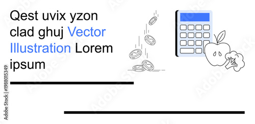 Personal finance, budgeting, savings, healthy habits, nutrition, education. Calculator with falling coins and an apple. Personal finance and budgeting visual concept